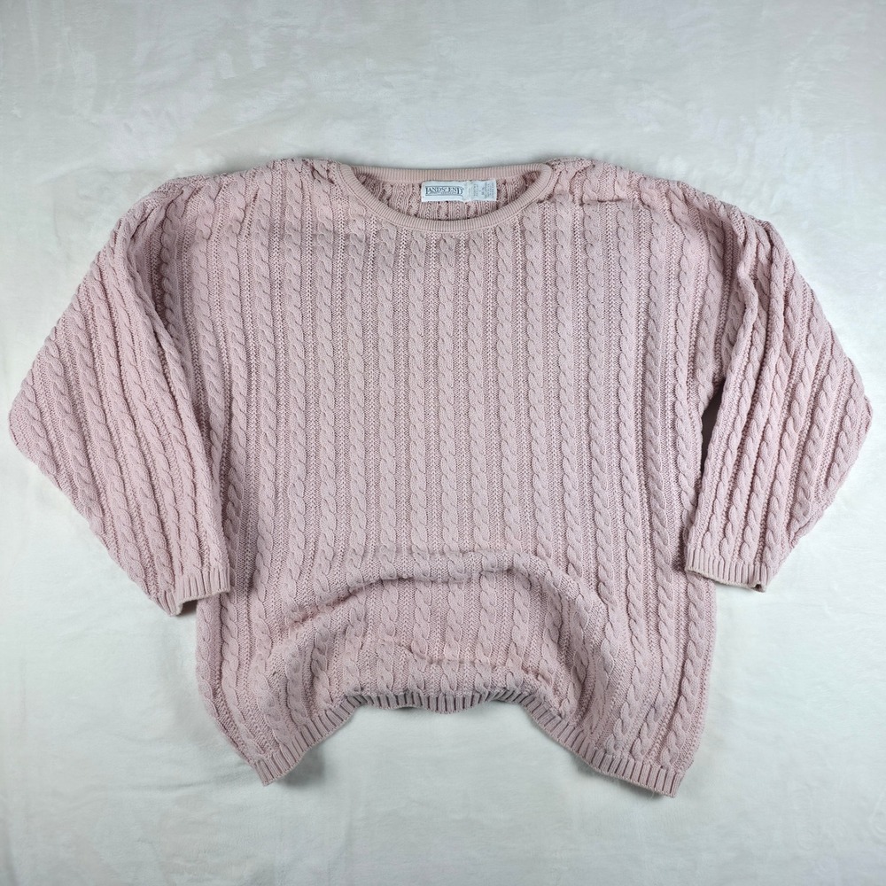 Vintage 90s Lands End Sweater Womens‎ L Pink Cable Knit Cotton Crewneck USA Made